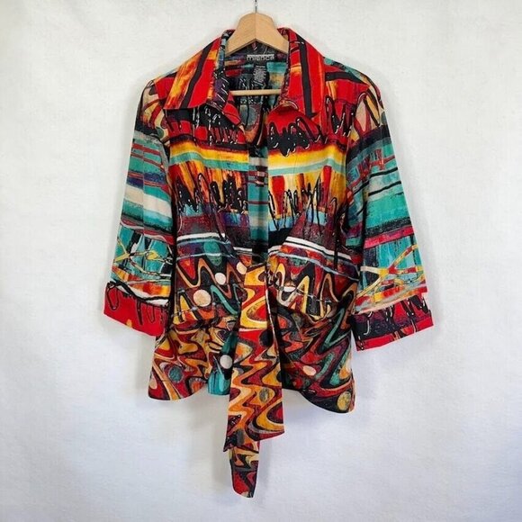 Mishca Front Tie Multi Colored Blouse 3/4 Length Sleeves Abstract Dark Artsy - Picture 1 of 3